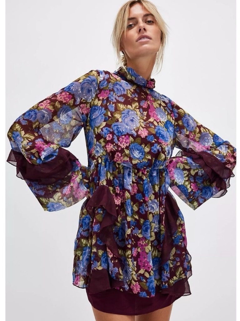 Free People Noella Mini Dress Tunic Size Large Floral Dainty Romantic Lace Sheer